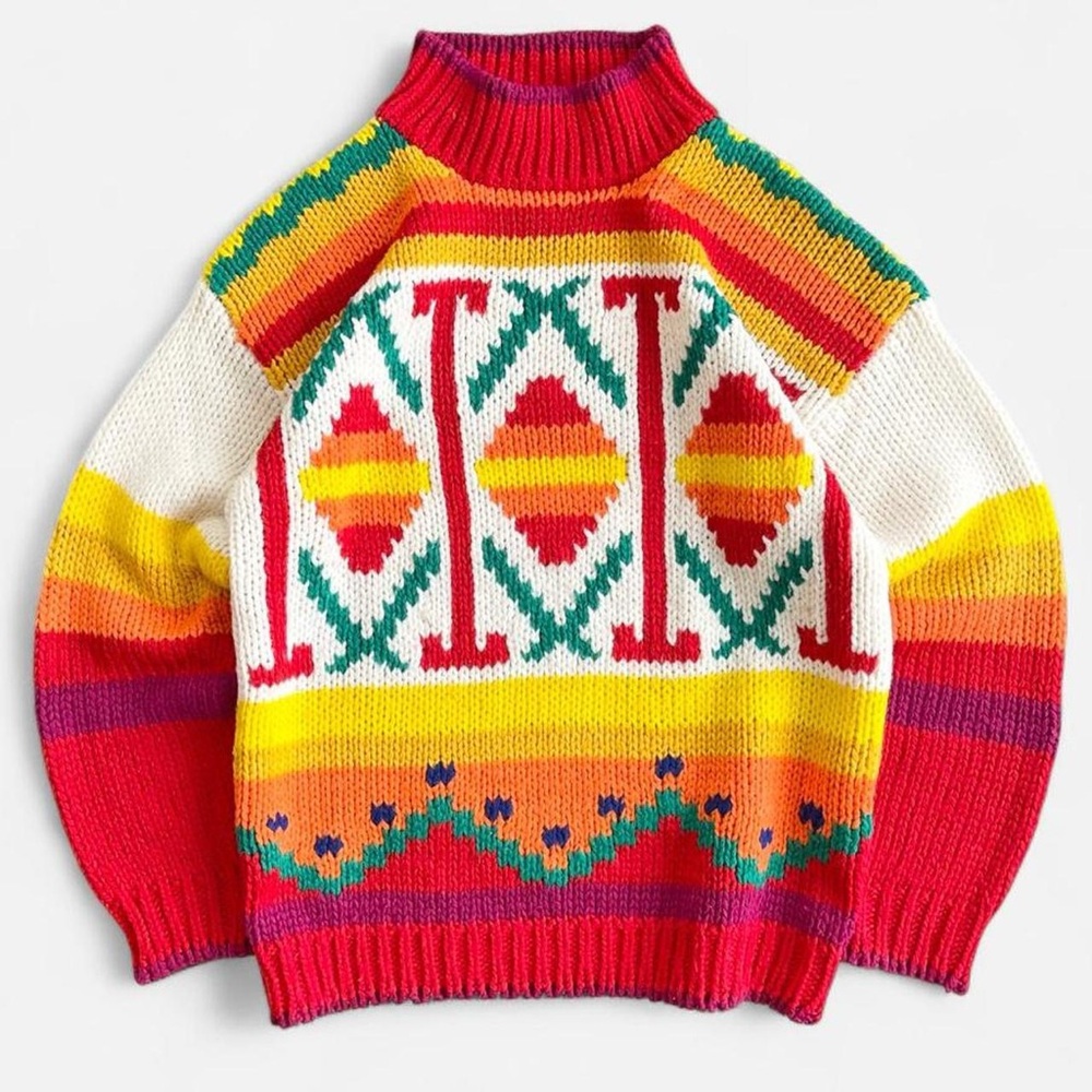 Vintage One Step Up Knit Red Yellow Orange Green Geometric Mock Neck Sweater